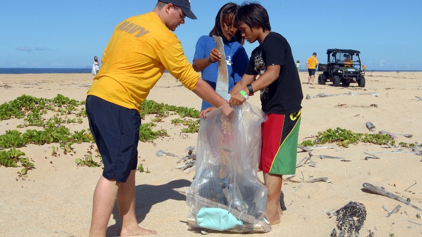 cleaning beach from trash