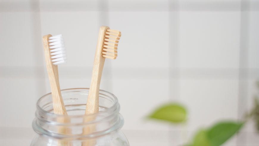 two pink toothbrushes in a vase