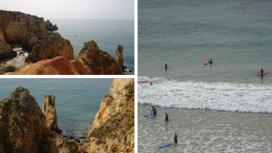 rock formations and surfers